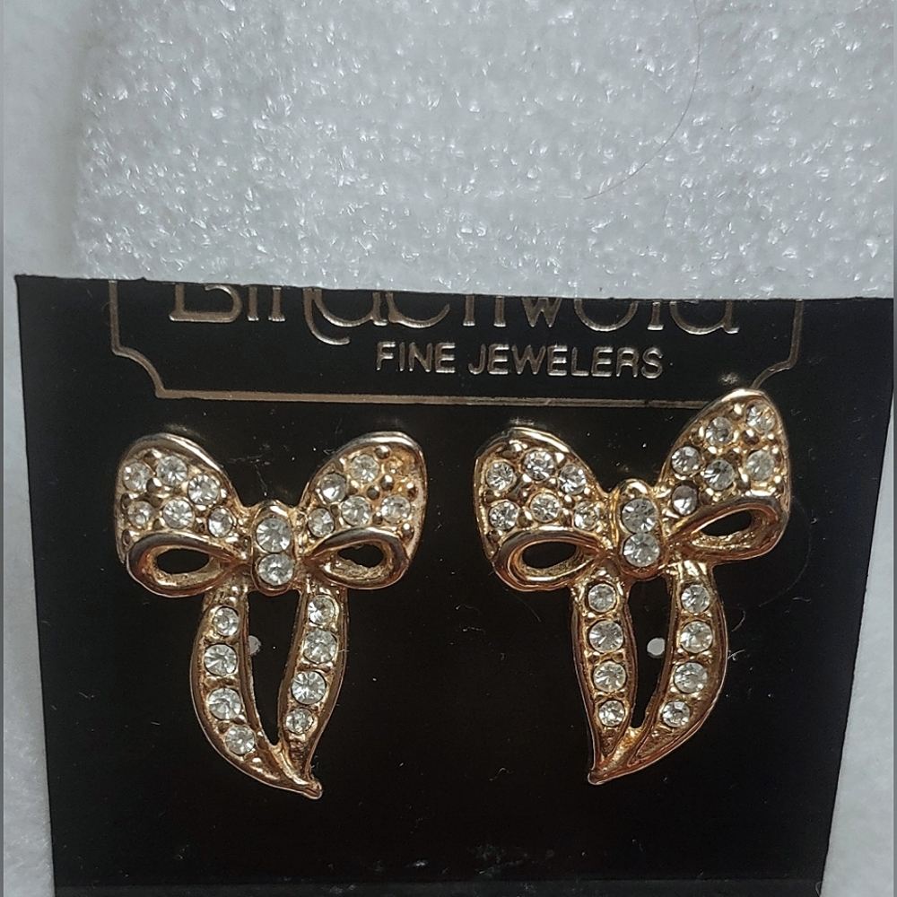 Crystal Covered Gold Ribbon Bow Earrings